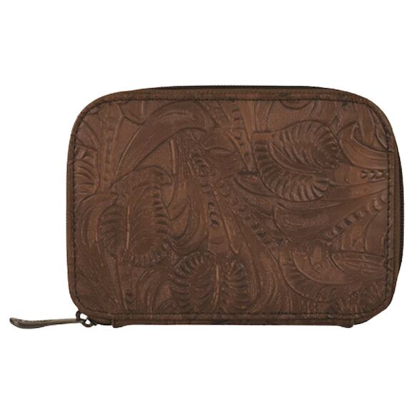 Justin Leather Jewelry Organizer Case Tooled Western Brown Travel Zip Pouch - Picture 1 of 6
